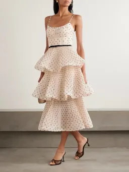 Zimmermann The Pleated Tiered Midi Dress in Cream/Black Polka Dot Size 8 for rent on The Volte - image 1