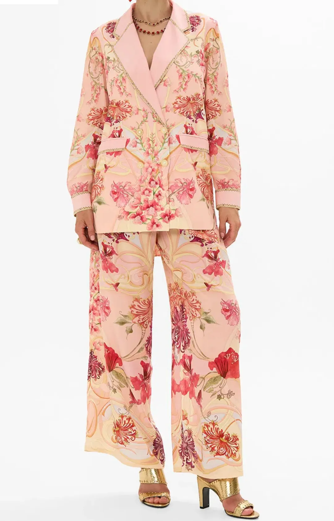 Camilla Double Breasted Soft Jacket (Size L) and Straight Leg Pants (Size XXL) Set in Blossoms and Brushstrokes for rent on The Volte - main image