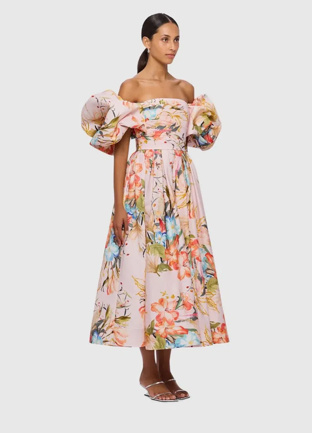 Leo Lin Matilda Puff Sleeve Midi Dress Opulent Print in Blush Size 14 for rent on The Volte - main image