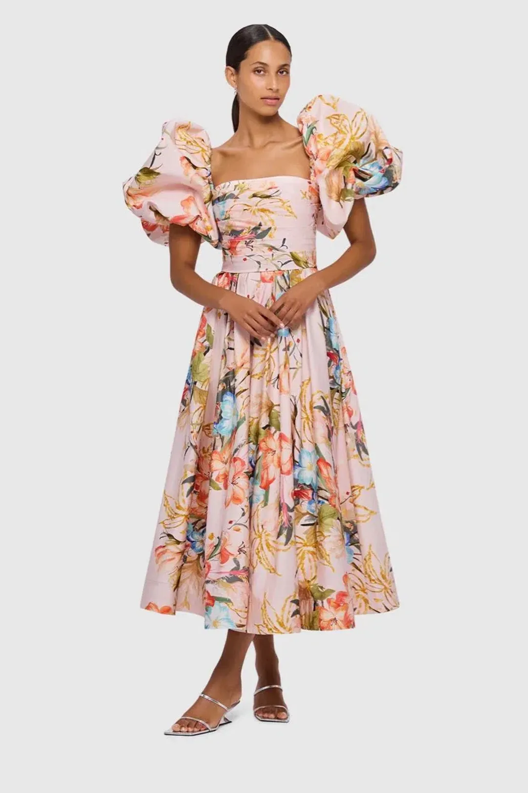 Leo Lin Matilda Puff Sleeve Midi Dress Opulent Print in Blush Size 14 for rent on The Volte - main image