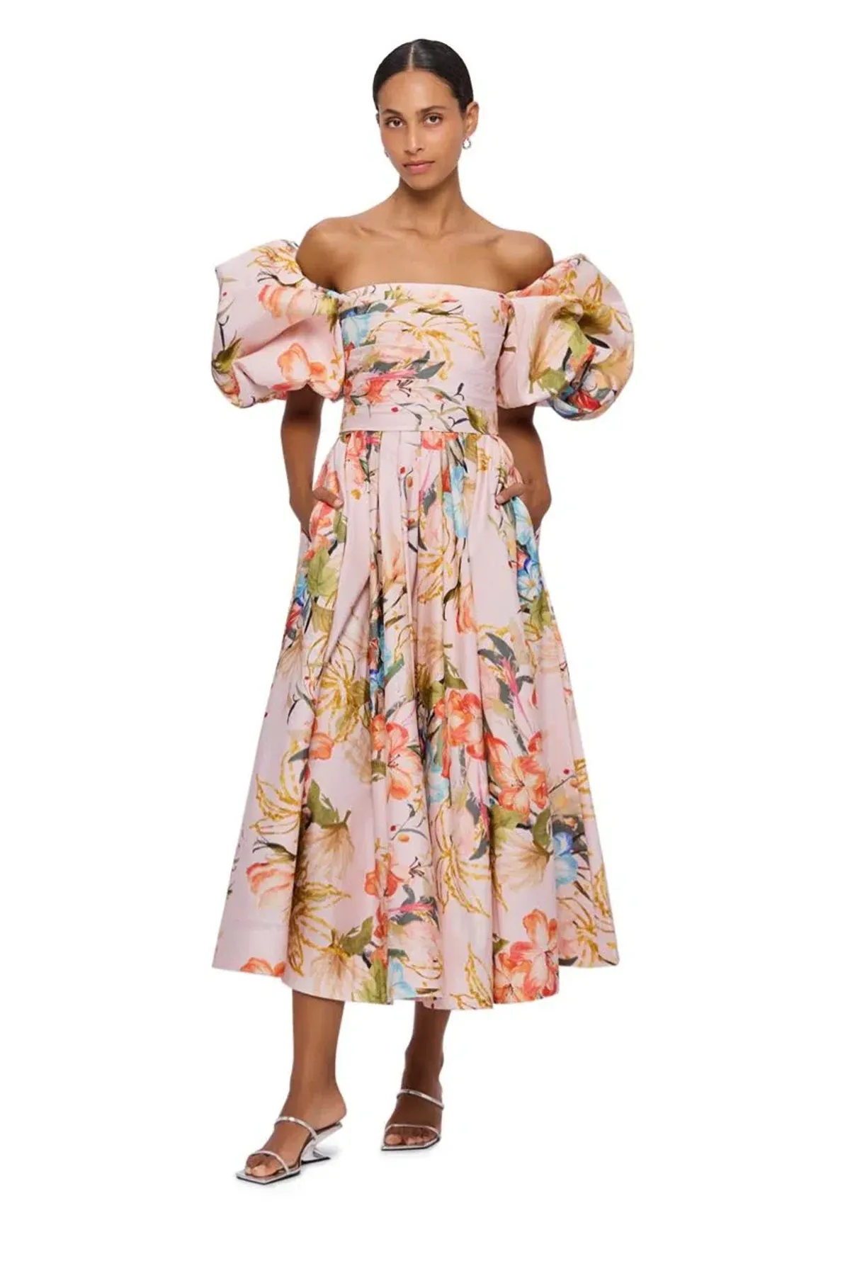 Leo Lin Matilda Puff Sleeve Midi Dress Opulent Print in Blush Size 14 - Image 1