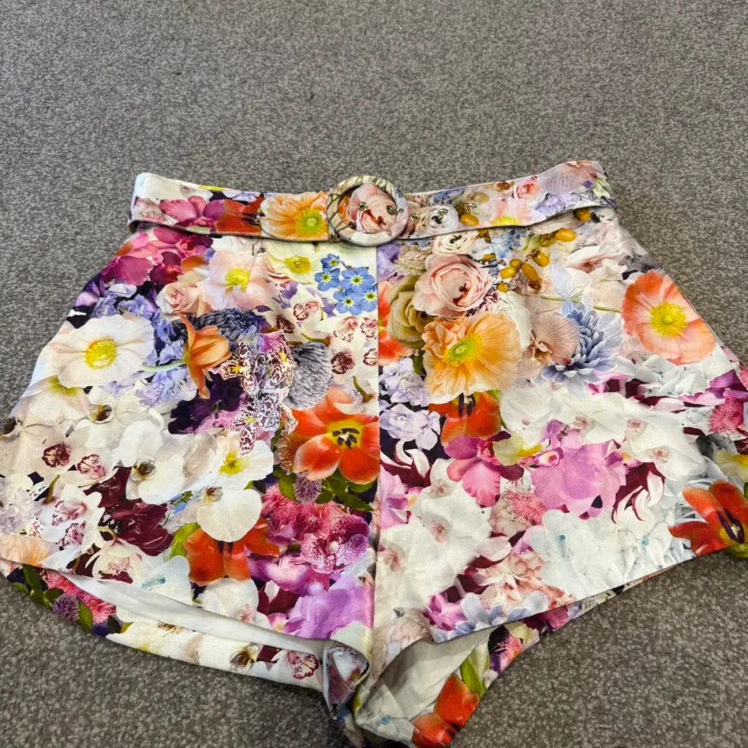 Zimmermann Prima Silk High Waisted Shorts with Belt in Multi Floral Size 3 / AU 14 for rent on The Volte - main image