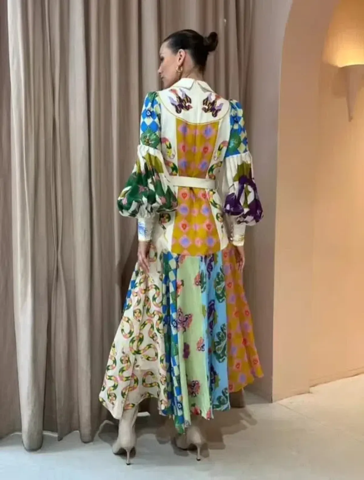 Alemais Lou Balloon Sleeve Shirt Midi Dress Multi Print Size AU 16 - Image 3
