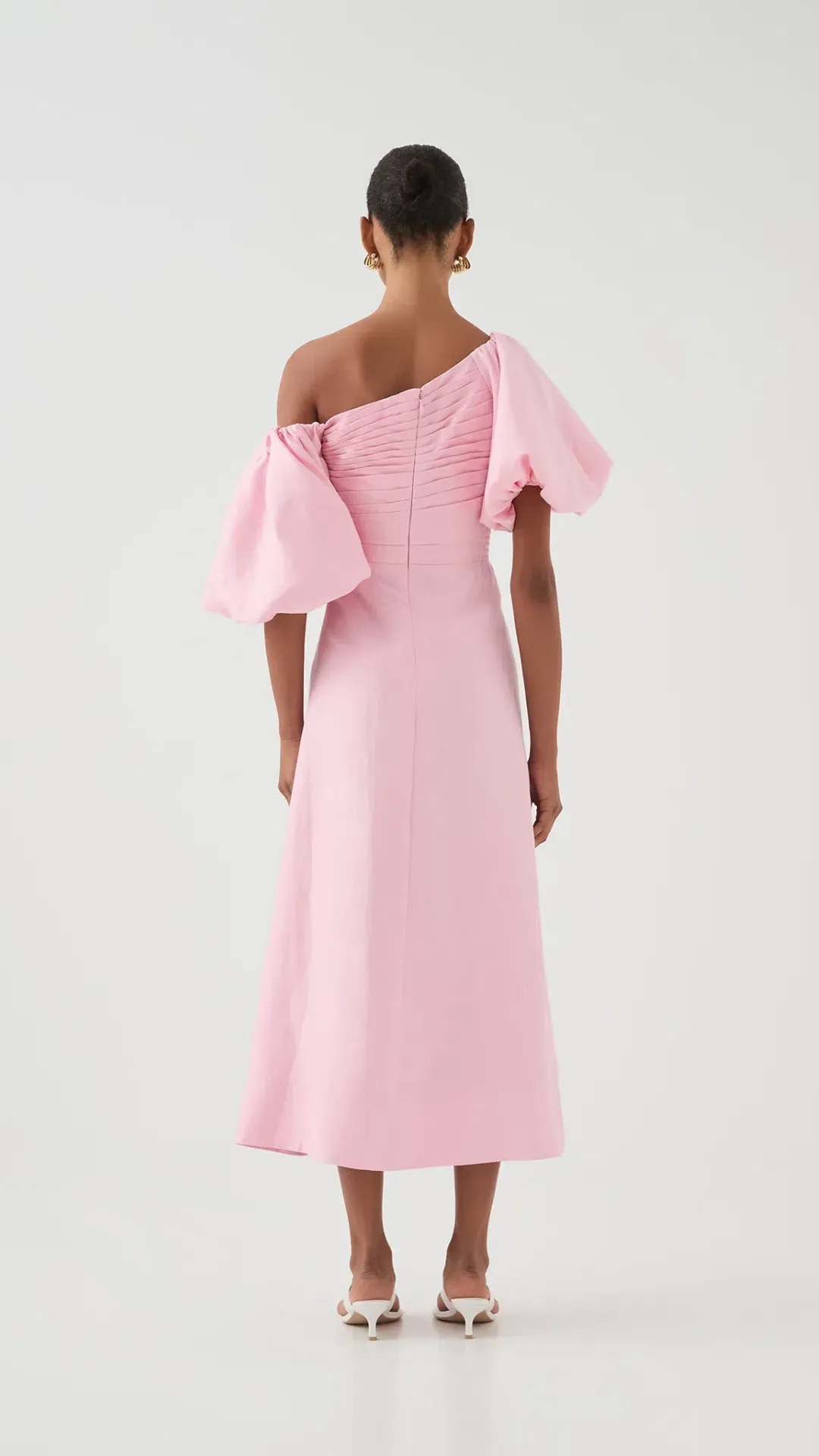 Aje Candence Ruched Midi Dress in Ballet Pink Size 12 for rent on The Volte - main image