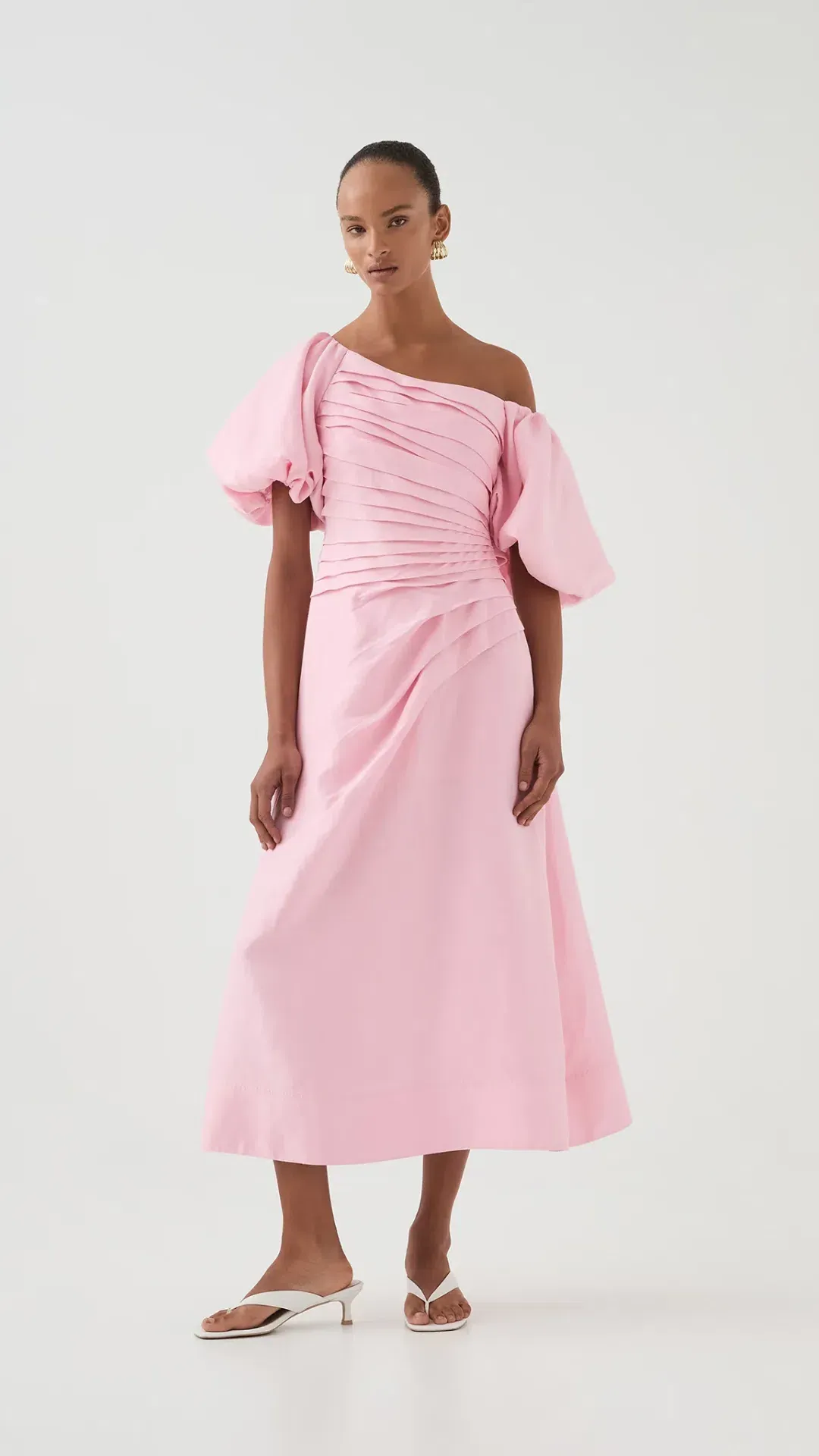 Aje Candence Ruched Midi Dress in Ballet Pink Size 12 for rent on The Volte - main image