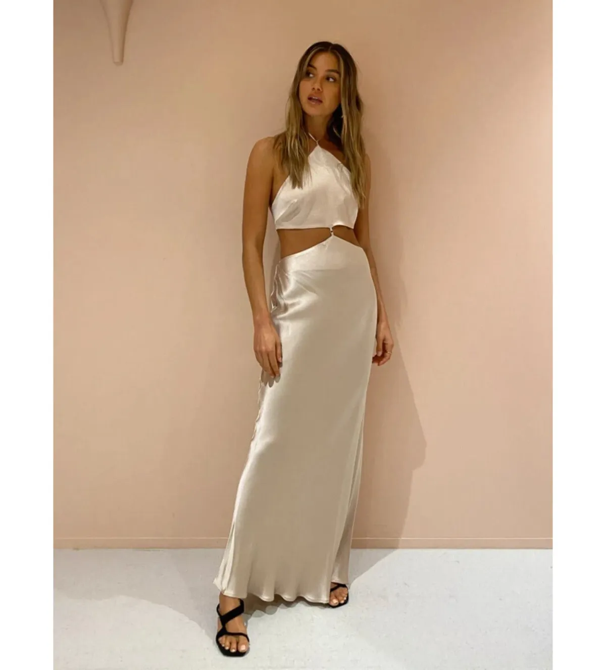 Bec & Bridge Kara Halter Maxi Satin Cut-out Dress in Sand Size AU10 - Image 2