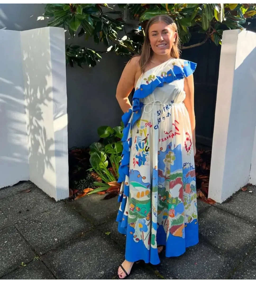 Alemais Nadia One Shoulder Ruffle Maxi Dress Multi Print Size 10 for rent on The Volte - main image