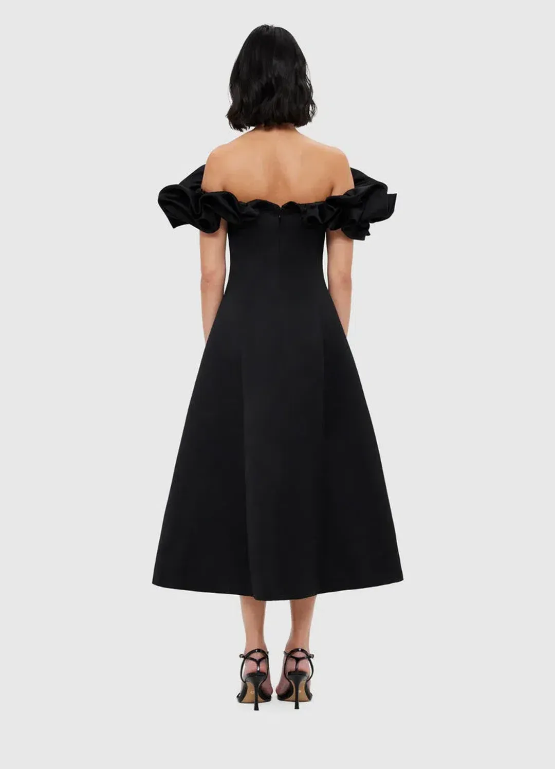 Leo Lin Annie Off Shoulder Frill Midi Dress Black Size 10 for rent on The Volte - main image