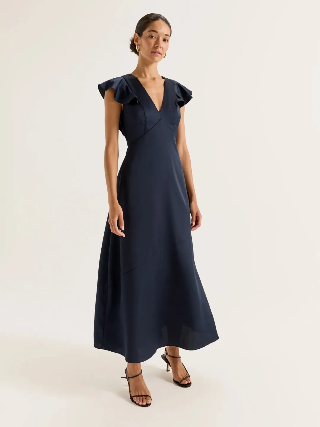 Review Montreal Flounce Sleeve Satin Maxi Dress Navy Size 12 for rent on The Volte - main image