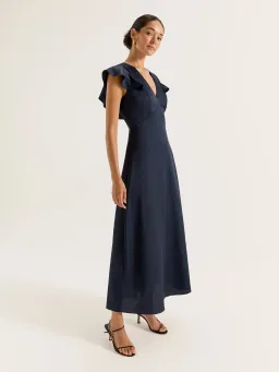 Review Montreal Flounce Sleeve Satin Maxi Dress Navy Size 12 for rent on The Volte - image 2