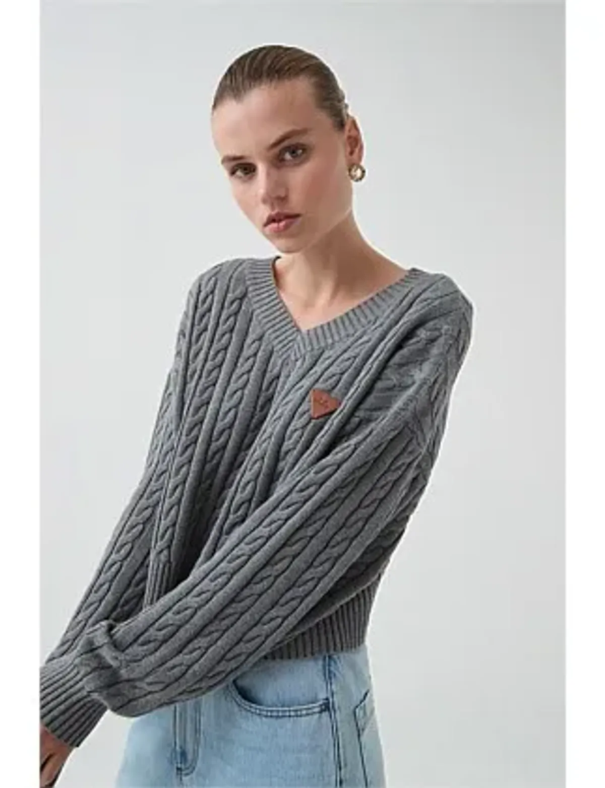 Aje Studio Naia Cropped Cable Knit Jumper Grey Size 6 - Image 2