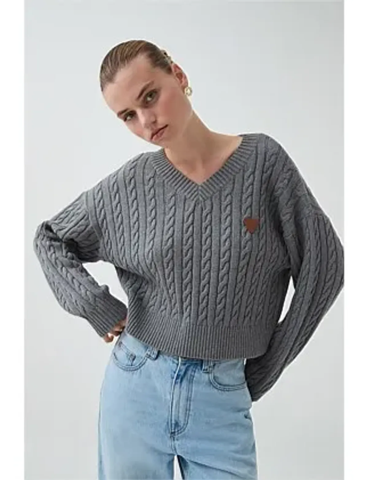 Aje Studio Naia Cropped Cable Knit Jumper Grey Size 6 - Image 5