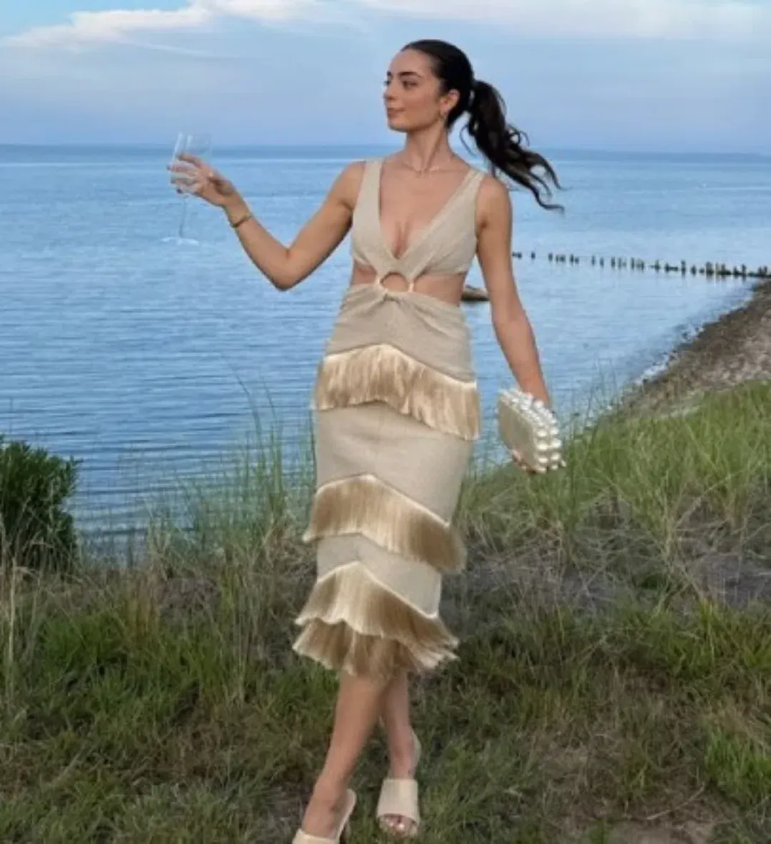 PatBo Fringed Midi Dress Gold Shimmer Tassel Size AU 10 for rent on The Volte - main image