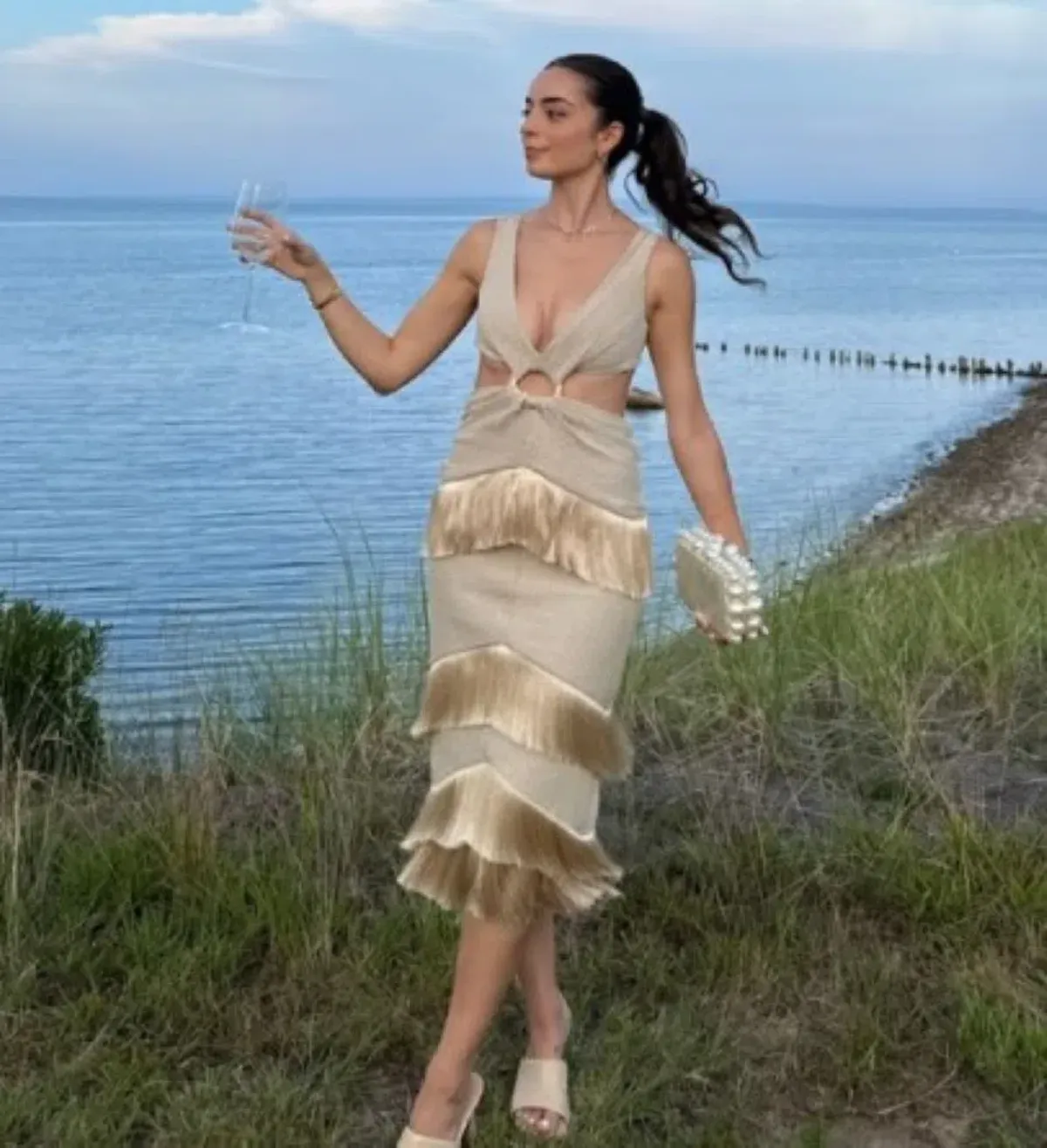 PatBo Fringed Midi Dress Gold Shimmer Tassel Size AU 10 - Image 1