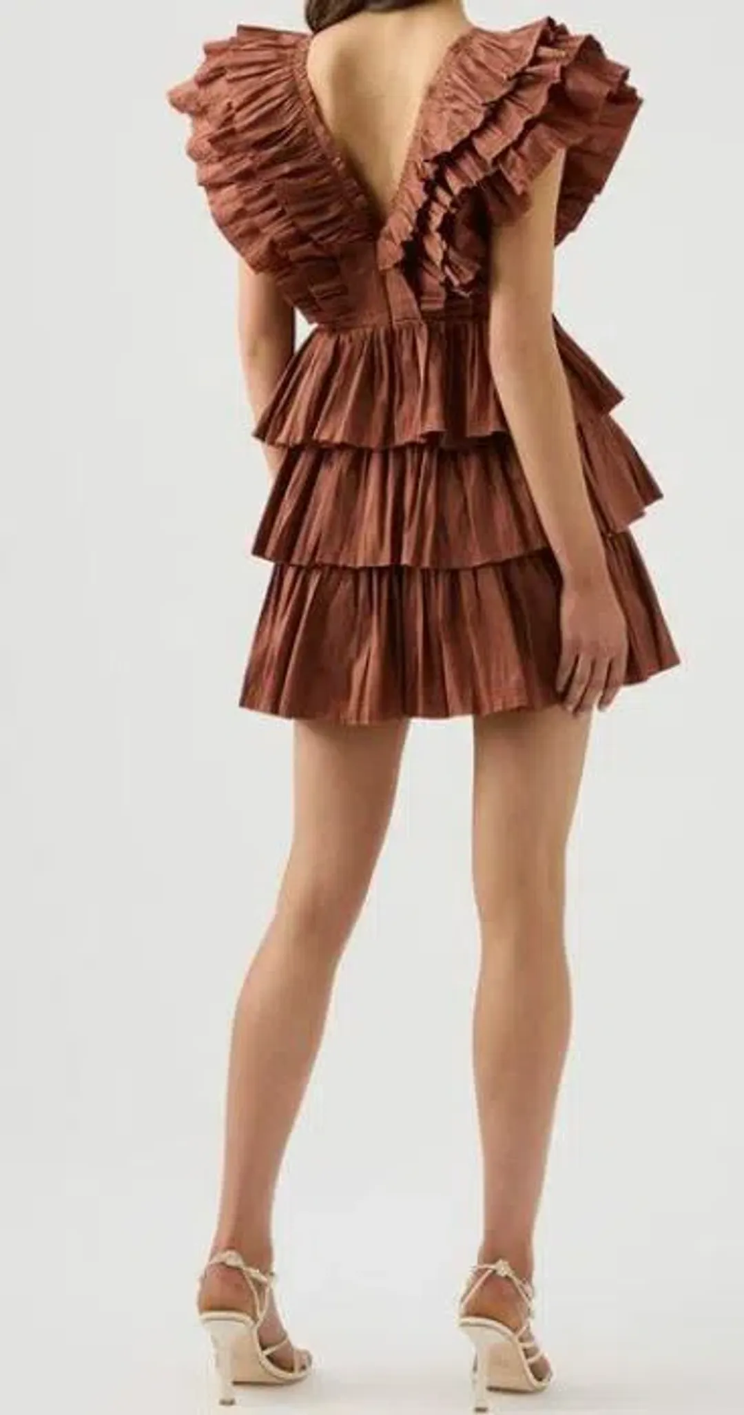 Aje Rhythmic Frill Dress Coffee Size 12 for rent on The Volte - main image