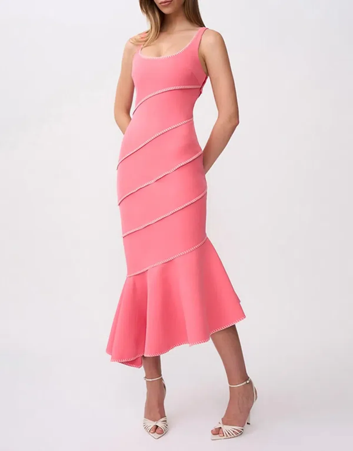 By Johnny Sylvia Spiral Midi Dress Ivory Pink Size 10 for rent on The Volte - main image