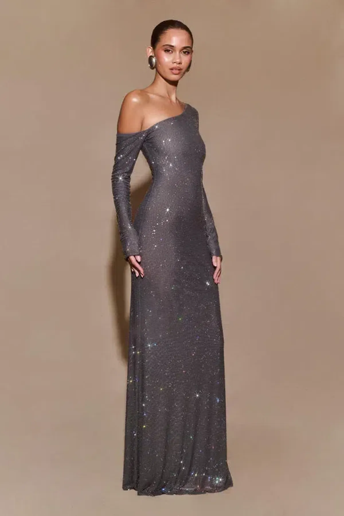 Meshki Marcia Diamante Long Sleeve Maxi Dress - Gunmetal - Image 3