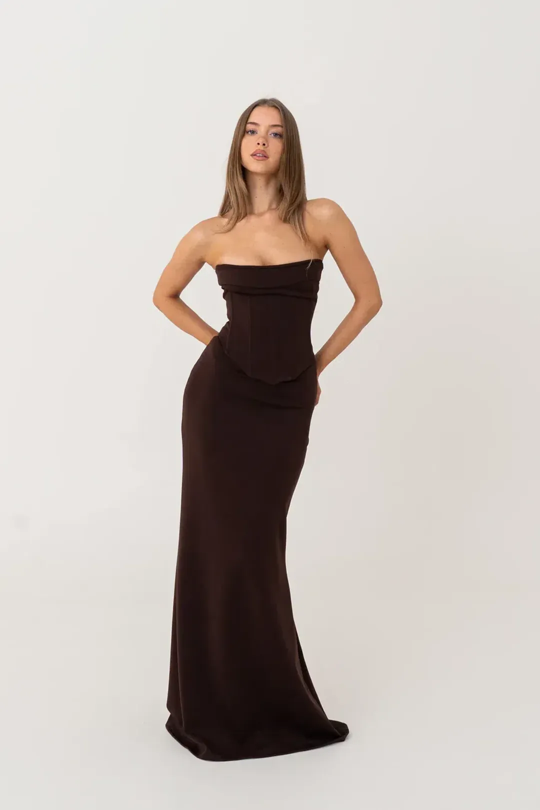 HNTR the Label Louie Maxi Gown in Brown Size S / AU 8 for rent on The Volte - main image