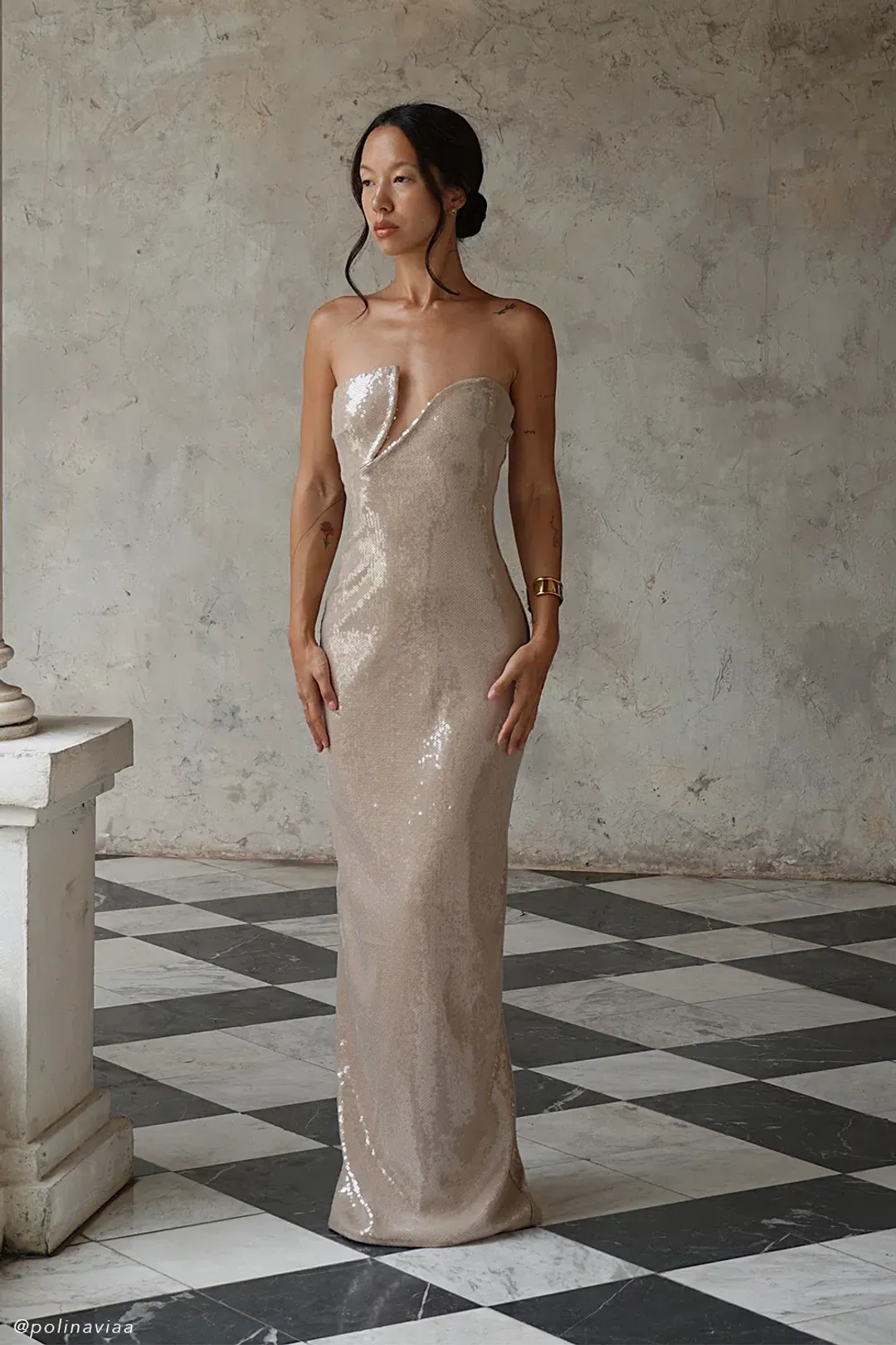 Winston Strapless Sequin Maxi Dress - Taupe for rent on The Volte - main image