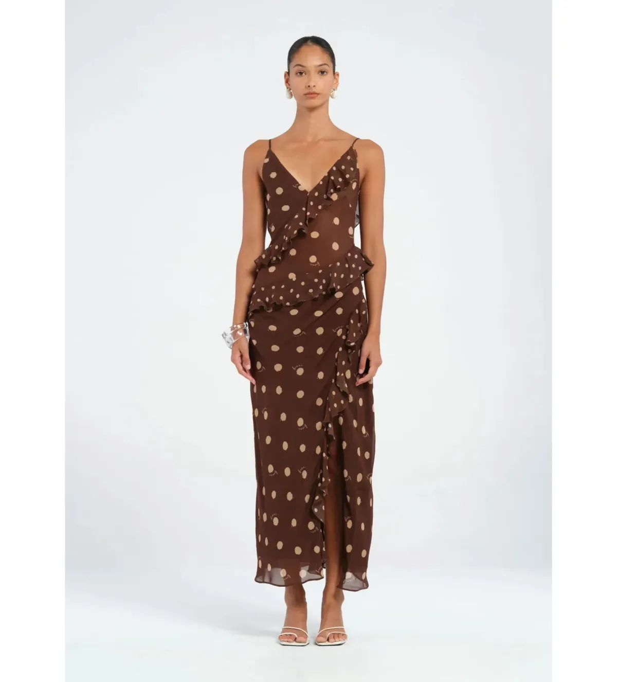Benni Weston Ruffle Midi Dress Espresso Polka Dot Brown Size S / AU 8 - Image 1