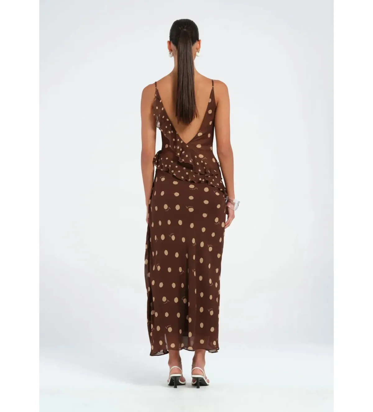 Benni Weston Ruffle Midi Dress Espresso Polka Dot Brown Size S / AU 8 - Image 5