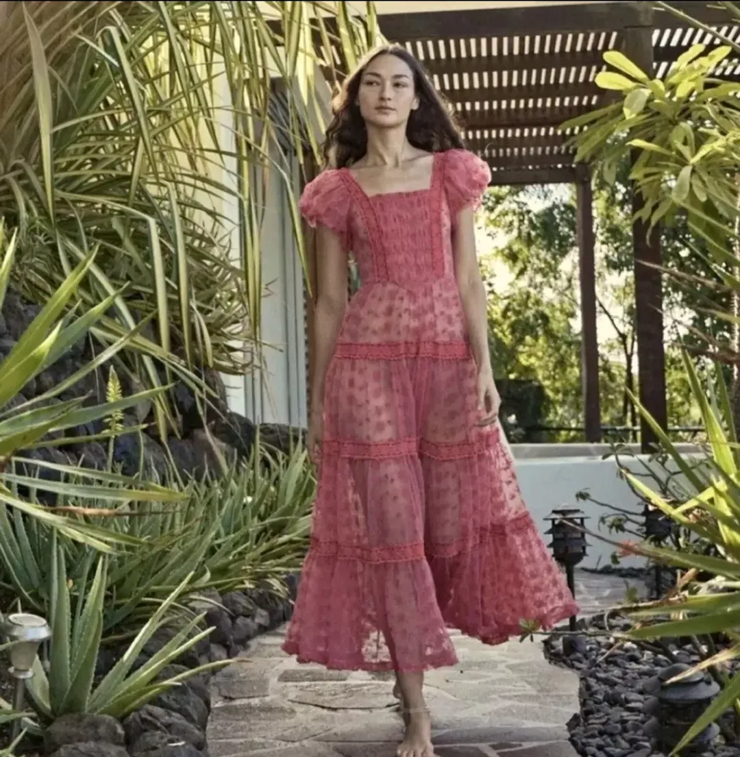 Nadette Lace-trimmed Embroidered Tulle Maxi Dress Pink Size M/AU 10 for rent on The Volte - main image
