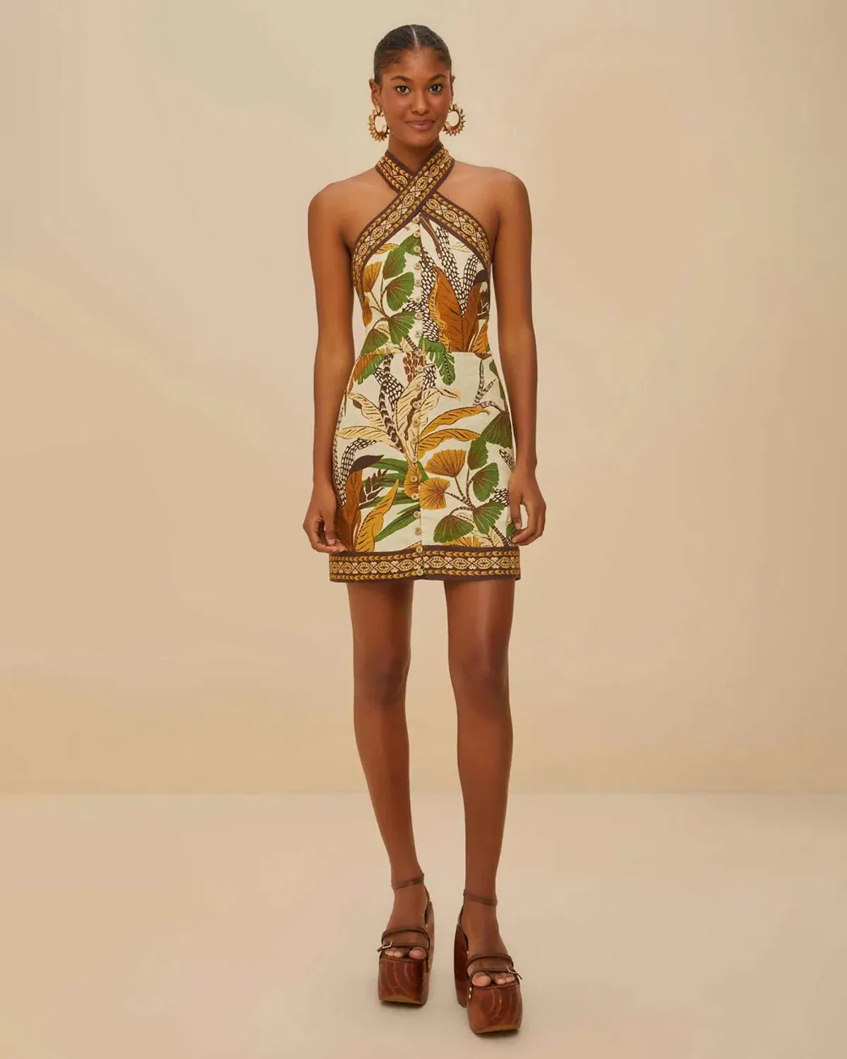 Farm Rio Sand Foliage Sketch Halter Neck Linen Mini Dress Size M - Image 1