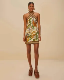 Farm Rio Sand Foliage Sketch Halter Neck Linen Mini Dress Size M for rent on The Volte - image 1