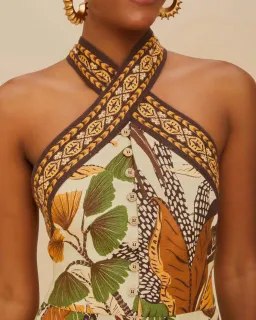 Farm Rio Sand Foliage Sketch Halter Neck Linen Mini Dress Size M for rent on The Volte - image 3
