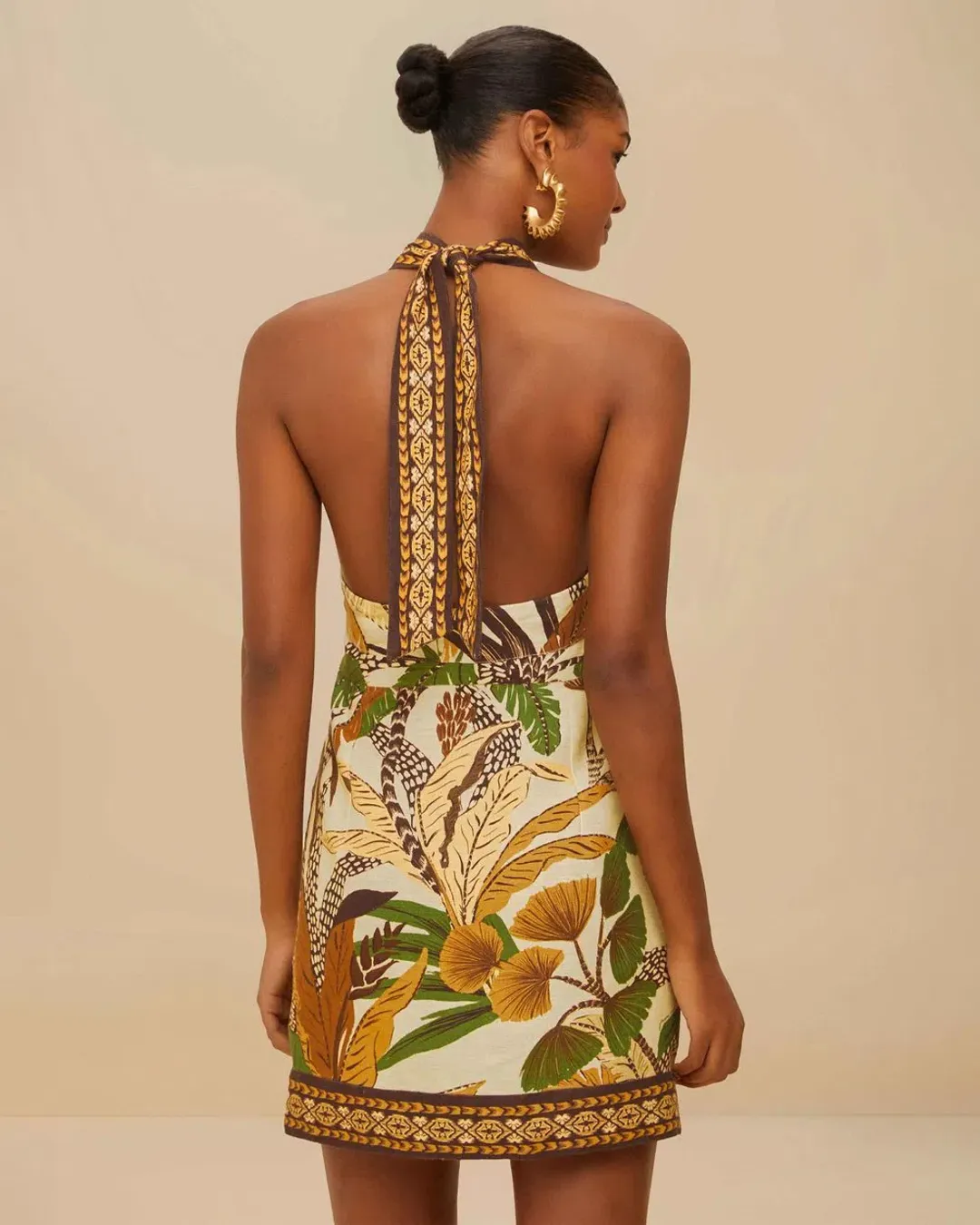 Farm Rio Sand Foliage Sketch Halter Neck Linen Mini Dress Size M for rent on The Volte - main image