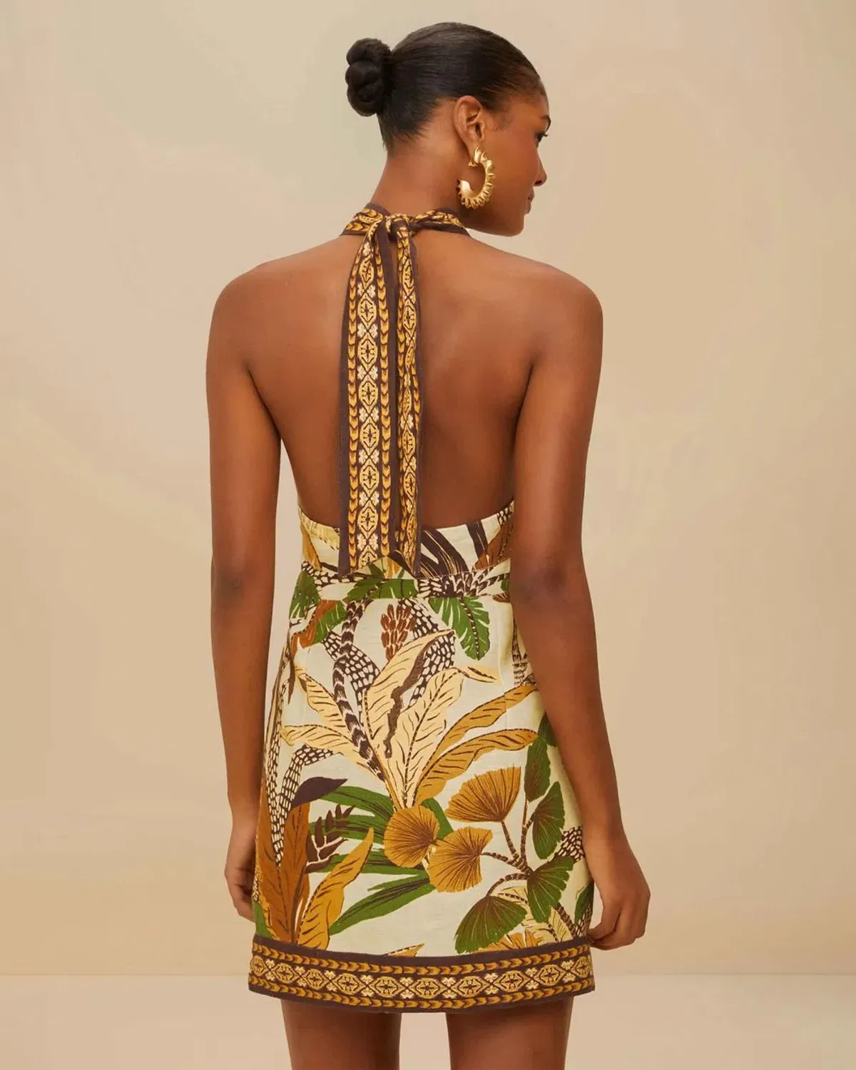 Farm Rio Sand Foliage Sketch Halter Neck Linen Mini Dress Size M - Image 2