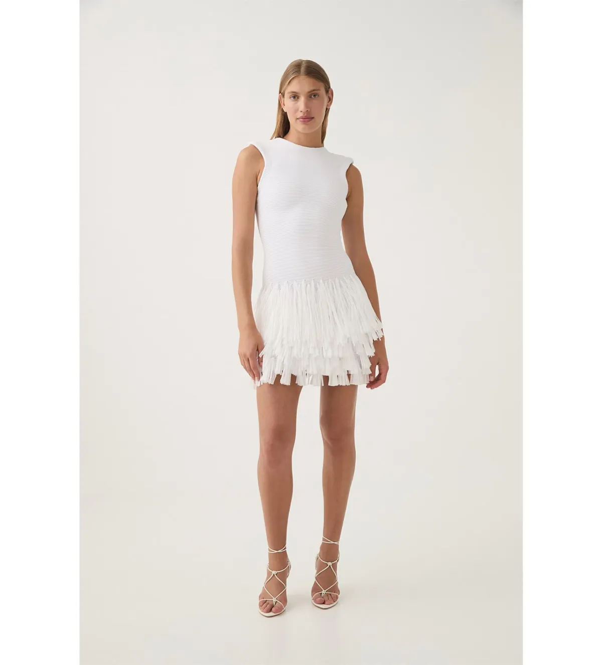 AJE Rushes Fringe Knit Mini Dress in White Size M AU 10 - Image 1