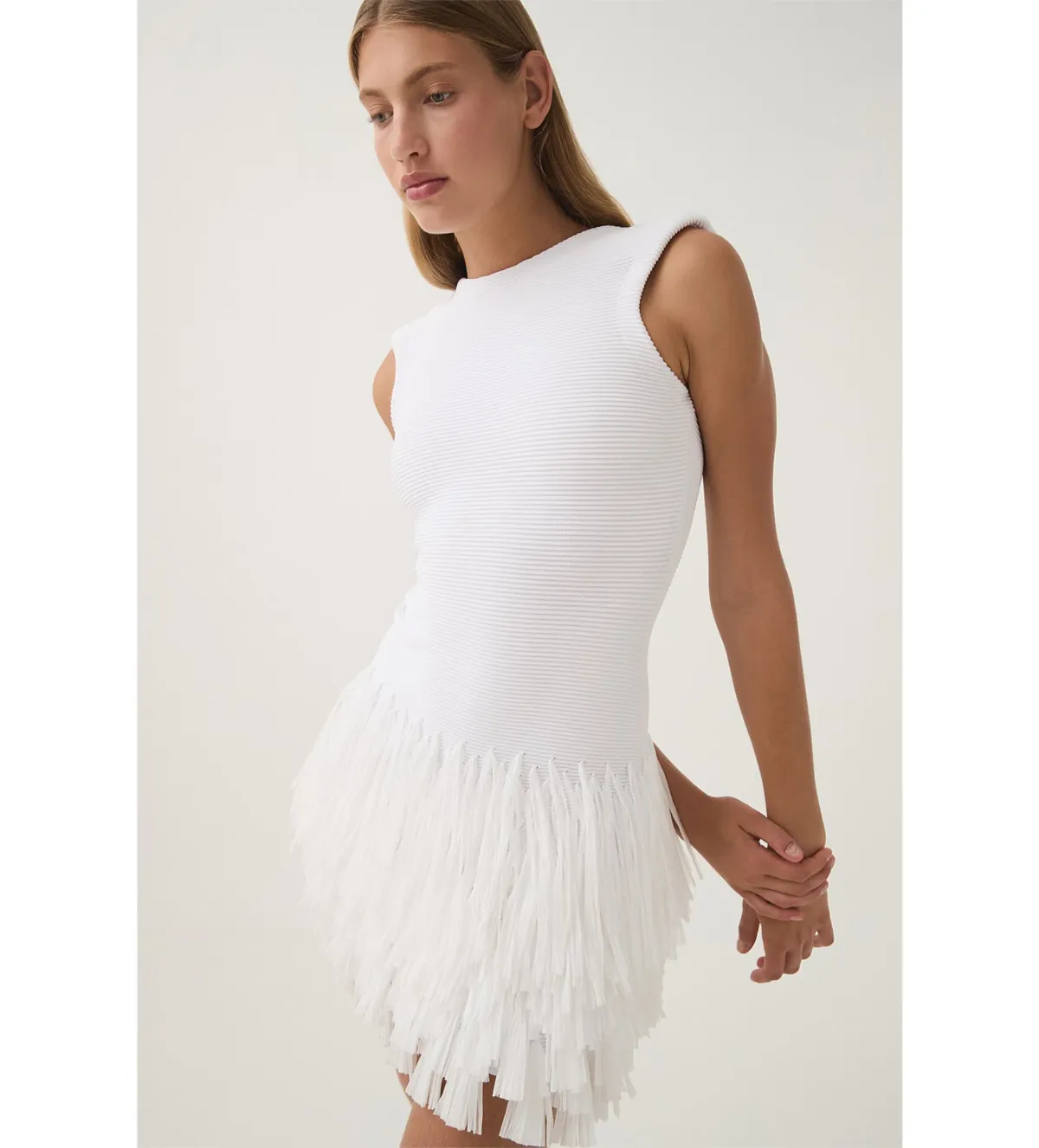 AJE Rushes Fringe Knit Mini Dress in White Size M AU 10 - Image 4