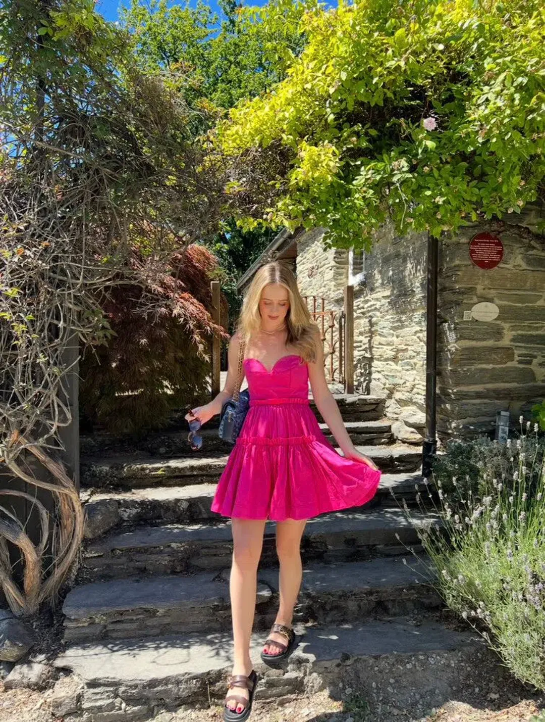 AJE Maya Tiered Mini Dress Fuchsia with side pockets AU 6 US 2 for rent on The Volte - main image