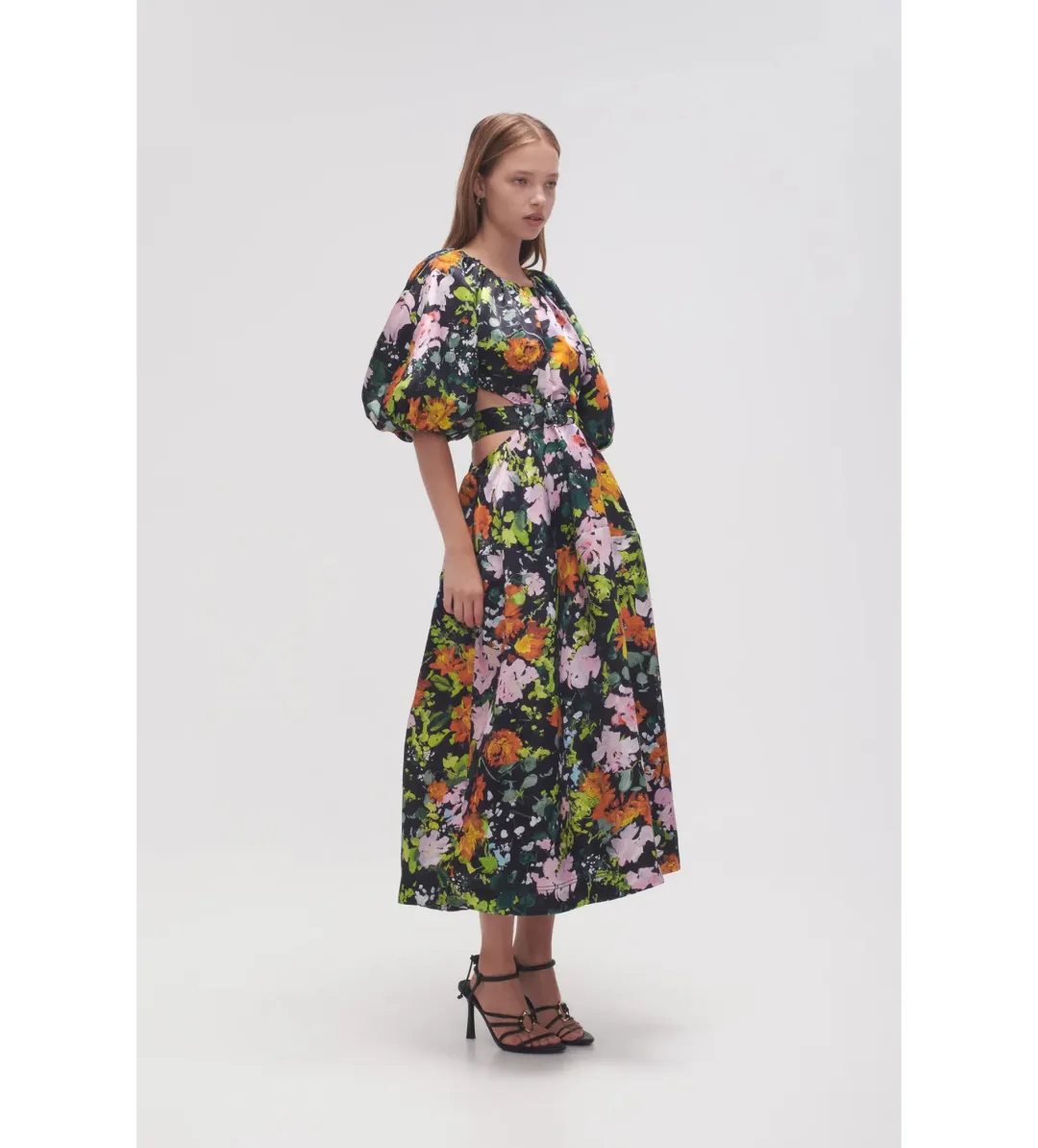 Aje Mimosa Cutout Midi Dress in Midnight floral Size S AU 8 for rent on The Volte - main image