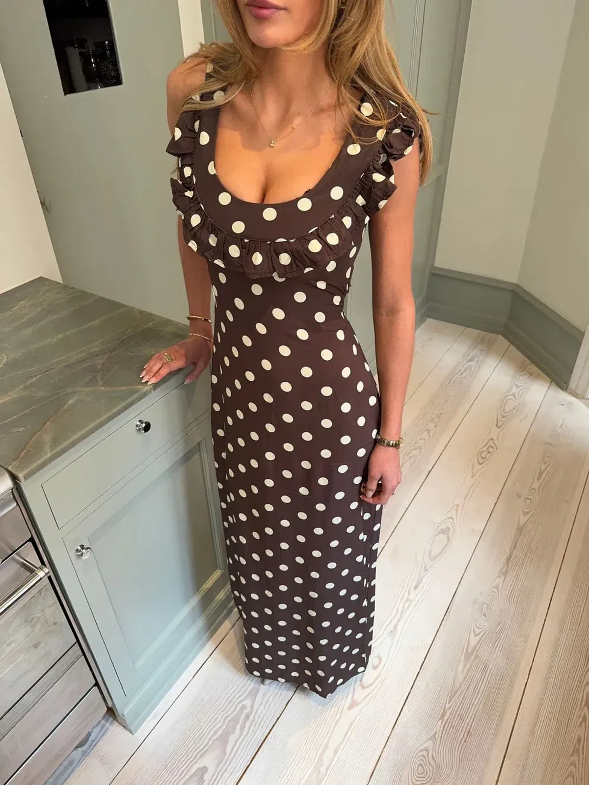 Design By Si Luna Maxi Dress Polka Dot Brown Size 8 - Image 2