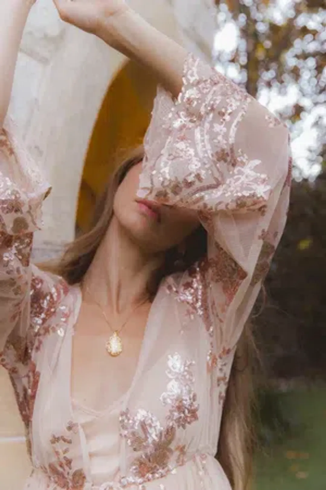 Coven & Co Maternity Melody Sequin Duster Gown Rose Gold Size 12 for rent on The Volte - main image