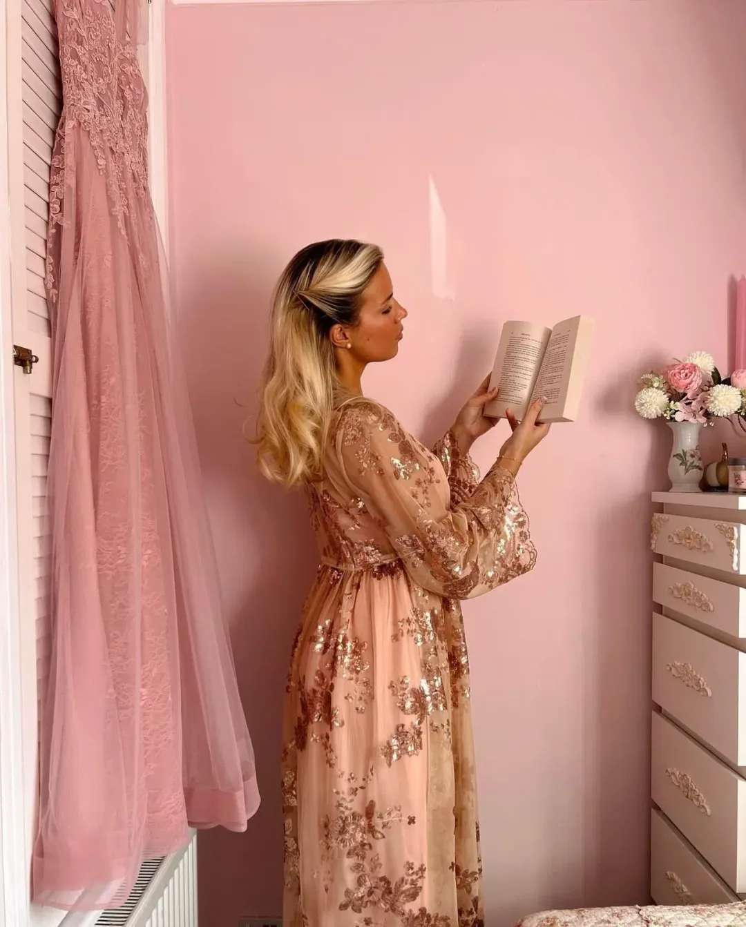 Coven & Co Maternity Melody Sequin Duster Gown Rose Gold Size 12 for rent on The Volte - main image
