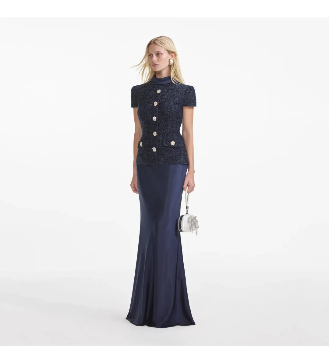 Self Portrait Boucle Maxi Dress Navy Metallic Size S/AU 8 for rent on The Volte - main image