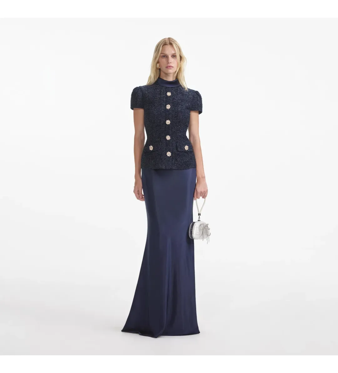 Self Portrait Boucle Maxi Dress Navy Metallic Size S/AU 8 for rent on The Volte - main image