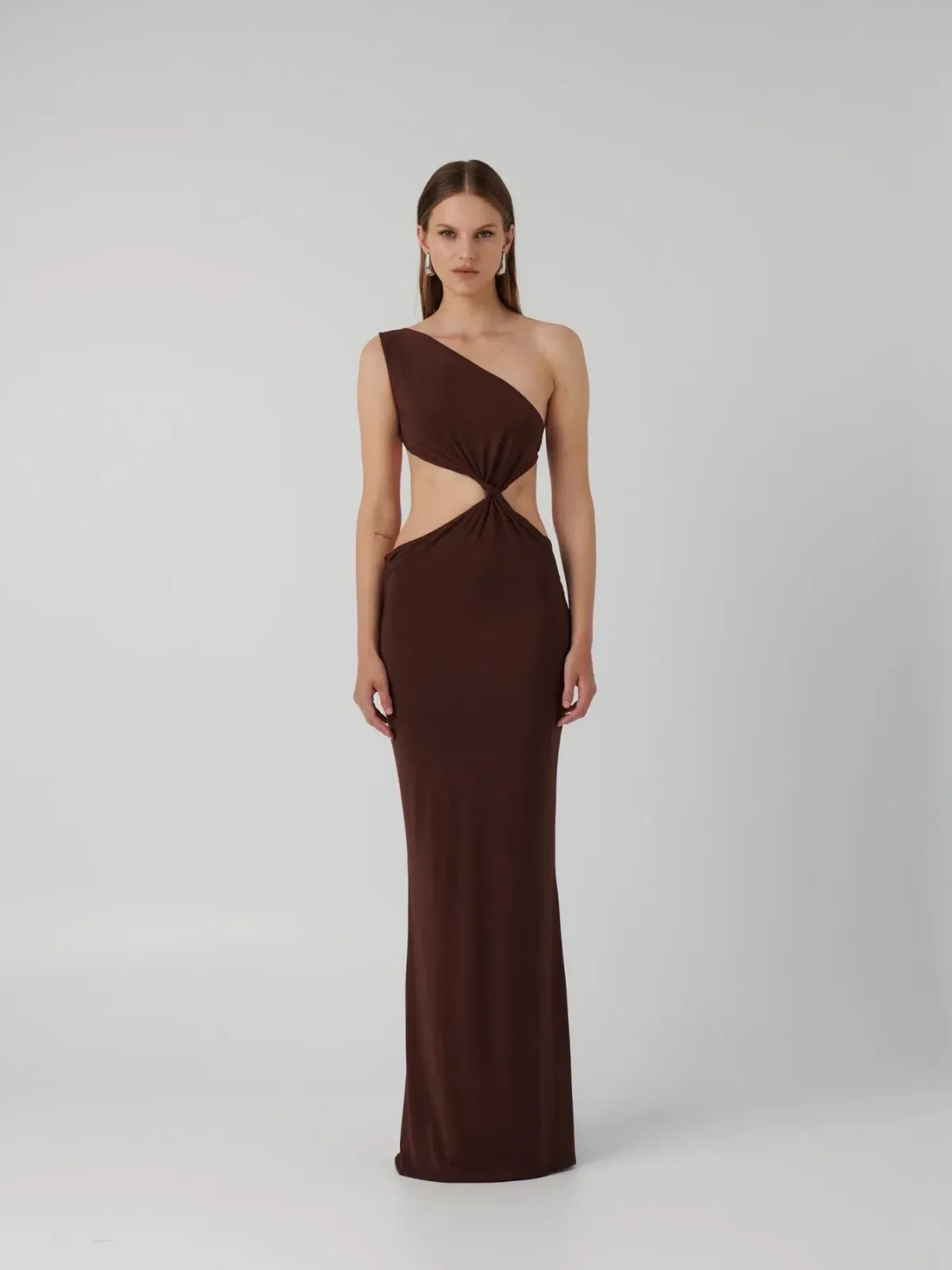 Effie Kats Hawlya Gown Cocoa Maxi Dress in Brown Size S/ AU 8 for rent on The Volte - main image