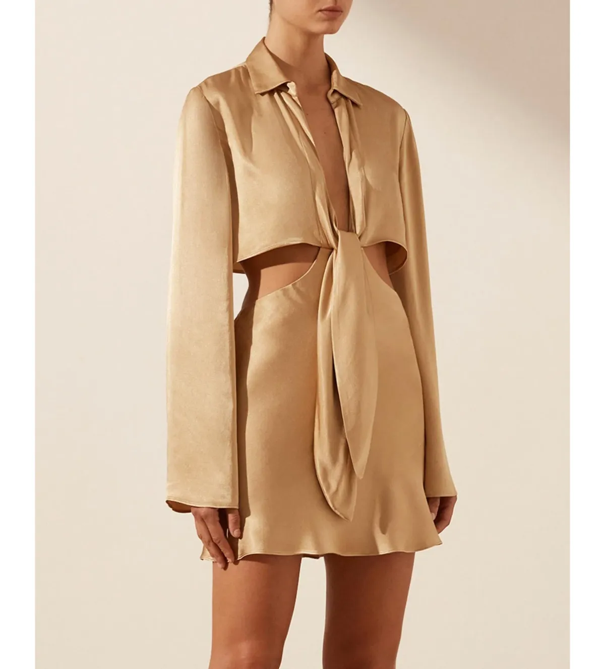Shona Joy Oliviera Long Sleeve Tie Front Mini Dress in Gold Size 14 - Image 5