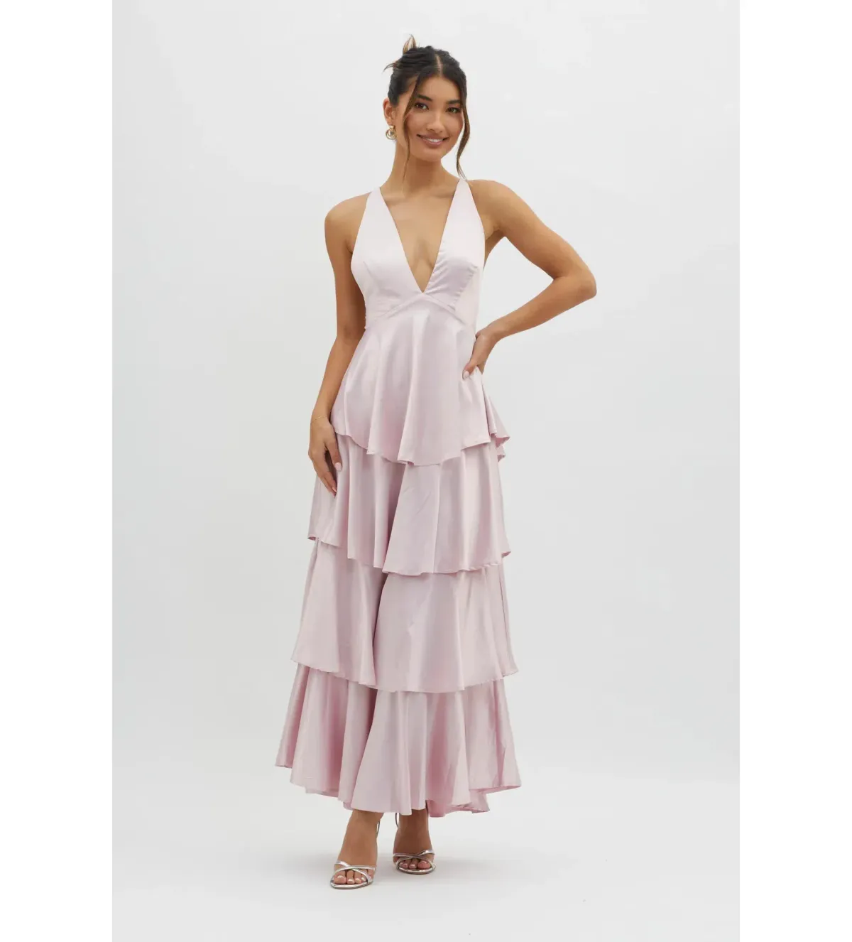 Selfie Leslie Auguste Tiered Frill Strappy Back Dress in Blush Size AU 8 - Image 1