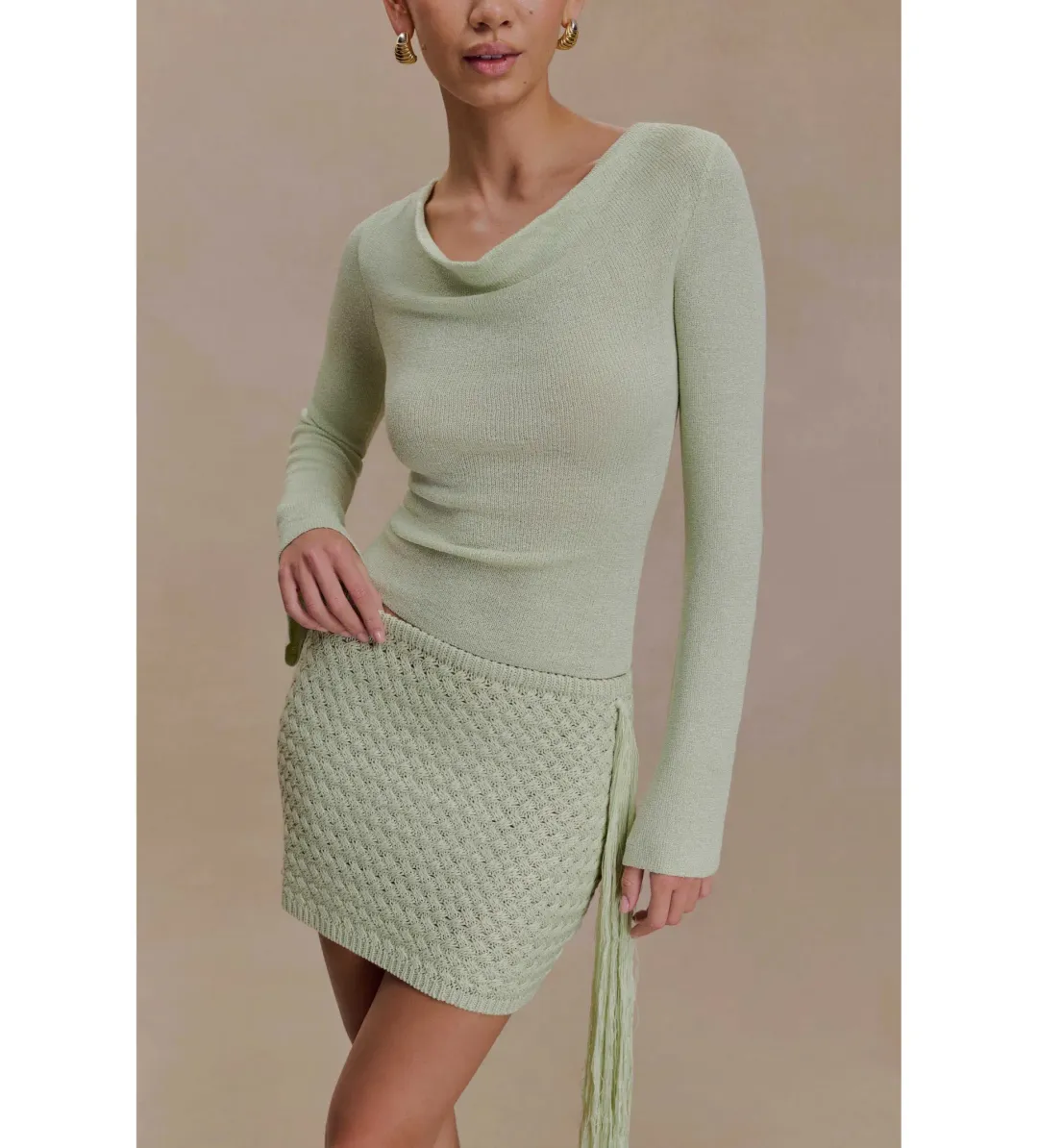 MESHKI Elowen Knit Cowl Long Sleeve Top and Terrymae Crochet Mini Skirt Set Pastel Green Size XS / AU 6 for rent on The Volte - main image