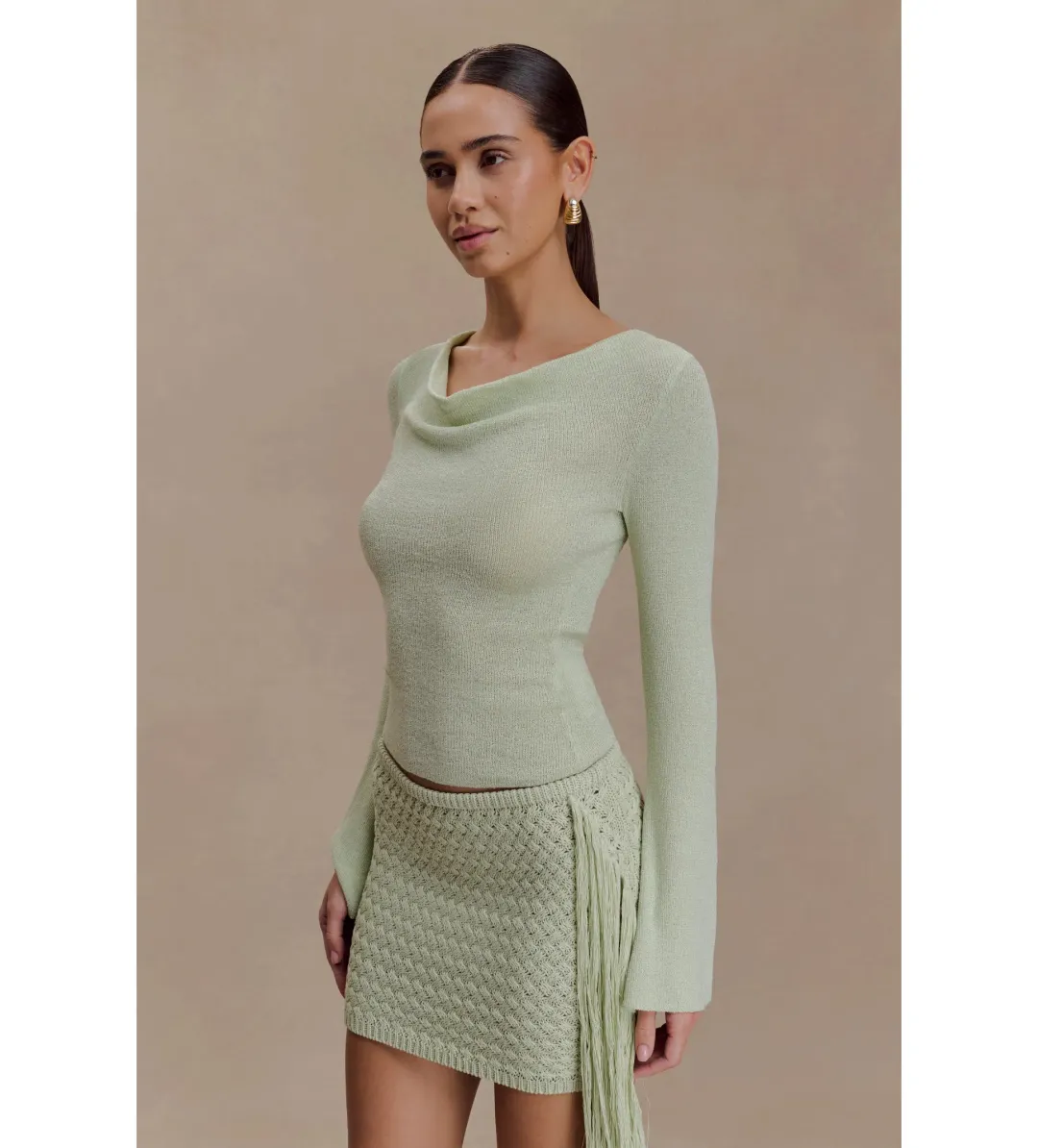 MESHKI Elowen Knit Cowl Long Sleeve Top and Terrymae Crochet Mini Skirt Set Pastel Green Size XS / AU 6 for rent on The Volte - main image