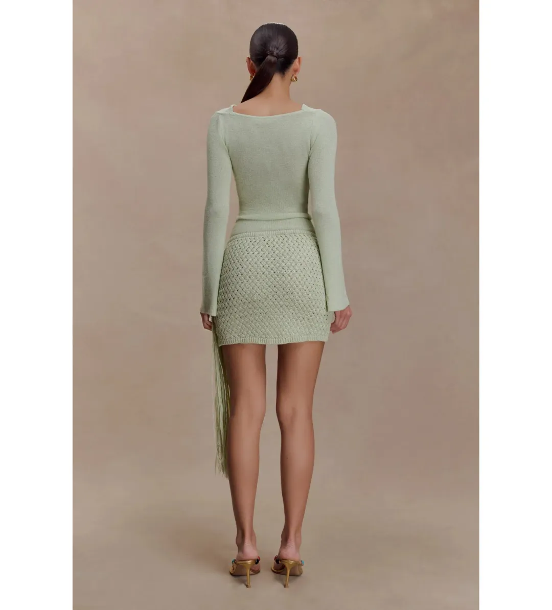 MESHKI Elowen Knit Cowl Long Sleeve Top and Terrymae Crochet Mini Skirt Set Pastel Green Size XS / AU 6 for rent on The Volte - main image