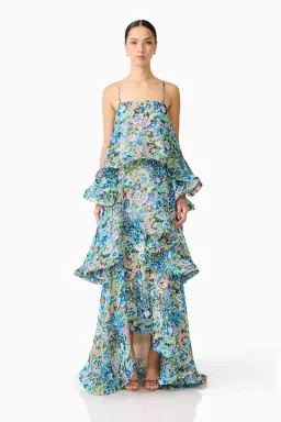 Elliatt Armani Tiered Maxi Dress in Blue Floral Size AU 10 for rent on The Volte - image 1
