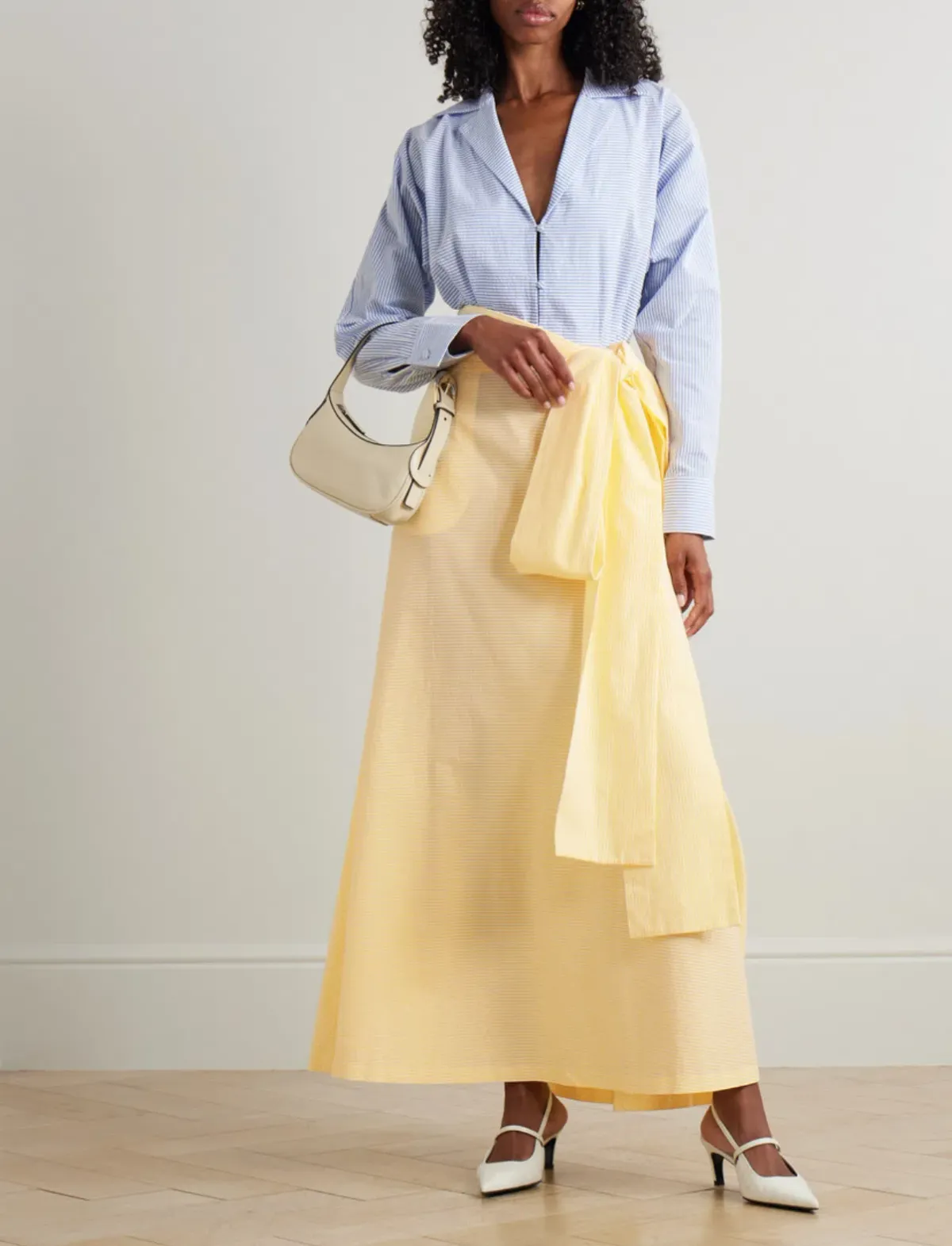 Bernadette Clarence Striped Seersucker Maxi Dress in Blue/White Striped and Yellow Size AU 12-14 - Image 1