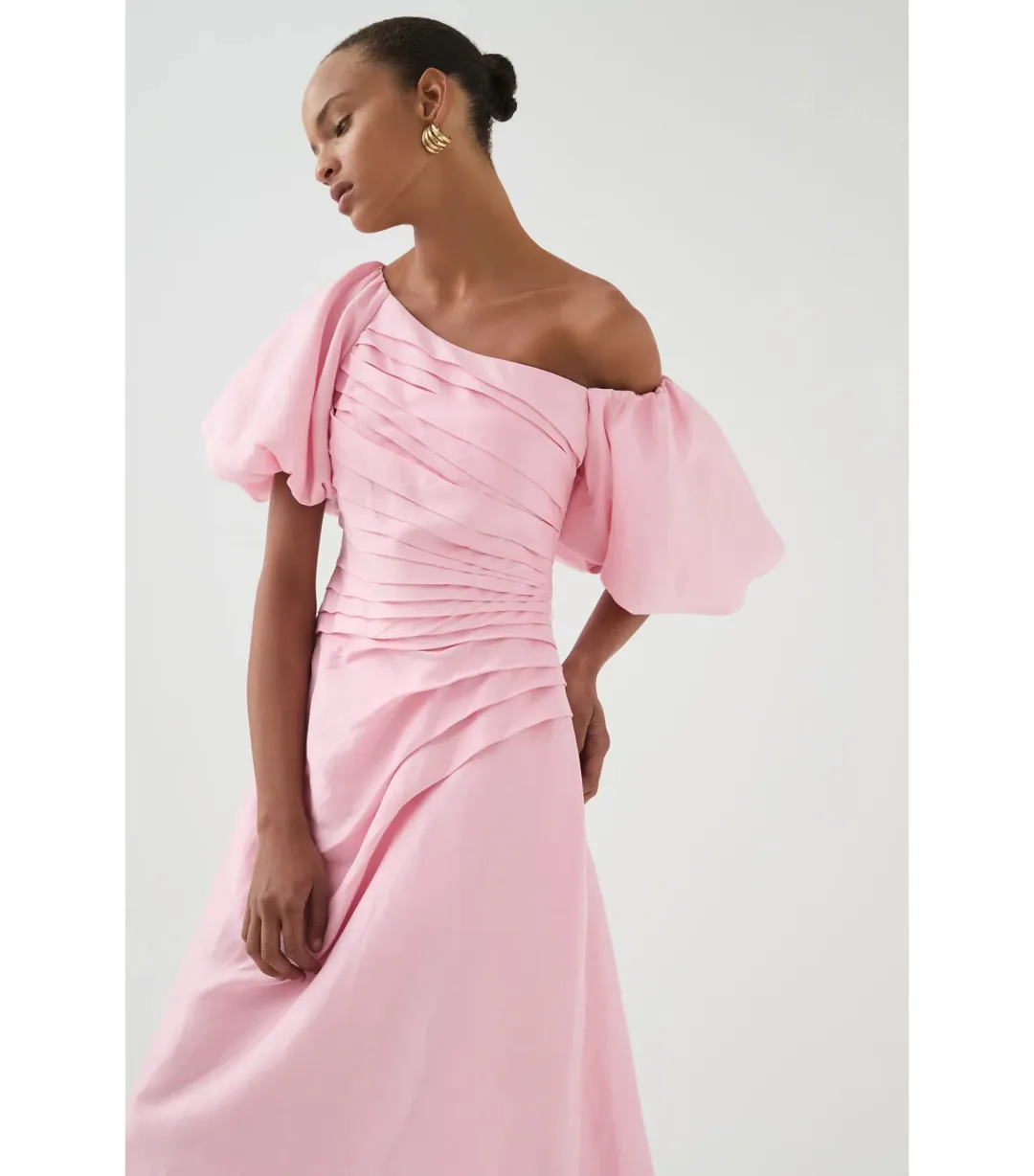 Aje Cadence Ruched Midi Dress Ballerina Pink Size AU 8 for rent on The Volte - main image