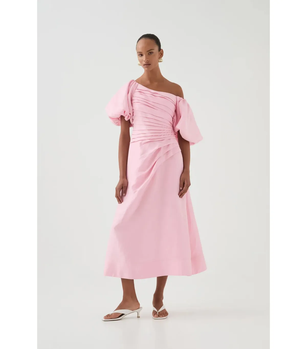 Aje Cadence Ruched Midi Dress Ballerina Pink Size AU 8 for rent on The Volte - main image